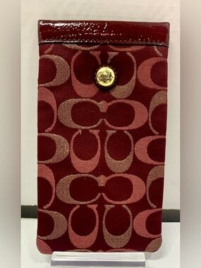 Coach burgundy patent leather signature jacquard pinch top eyeglass case